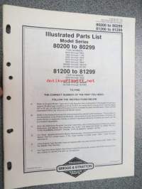 Briggs & Stratton Illustrated Parts List Model Series 80200 to 80299 / 81200 to 81299 varaosaluettelo, tyypit näkyvät kuvissa