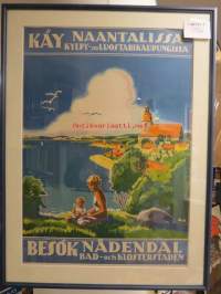 Käy Naantalissa - kylpy- ja luostarikaupungissa / Besök Nådendal - bad- och klosterstaden -kehystetty matkailujuliste 1930-luvun lopusta