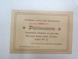 Pyydämme ystävyydellä läsnäolemaan Meidän Wihkiäisissämme, sunnuntaina lokakuun 12 p:nä 1902, Maariassa Kastun tilalla, Wallinin torppa nr 37 - Ida Wallin