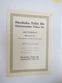 Nordiska Trikå Ab - Pohjoismaiden Trikoo Oy, Tio aktier á 1 000 mk, Helsinki -osakekirja / share certificate