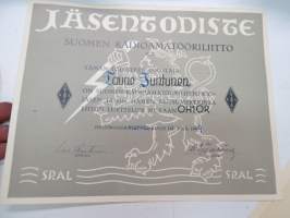 Jäsentodiste - Suomen Radioamatööriliitto ry - Tauno Juntunen, kutsumerkki OH10R, 10.11.1949 -radio amateur´s club certificate