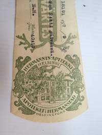 Hermannin Apteekki - Helsinki - Apoteket i Hermanstad, 7.9.1938 -apteekkiresepti / signatuuri -pharmacy label