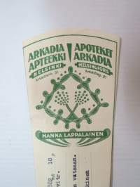 Arkadia Apteekki - Apoteket Arkadia - Hanna Lappalainen, Helsinki, 14.12.1955 -apteekkiresepti / signatuuri -pharmacy label