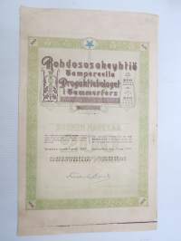 Rohdososakeyhtiö Tampereella - Drogaktiebolaget i Tammerfors, 1 osake 200 mk, Tampere 1937 -osakekirja / share certificate