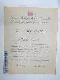 Suomen Käsityön Ystävät Oy - Finska Handarbetets Vänner Ab, osakekirja nr 1310 Smk 200,- Fmk, Helsinki 1921 -osakekirja / share certificate