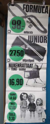 K-Kauppa leluosasto - Formula autorata, Junior biljardipei, Nukenrattaat + Tiina-nukke, Nuket Hanna & Heli & Tuula -myymäläjuliste / poster