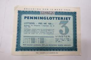 Raha-arpa, Raha-arpajaiset / Penninglotteriet, lottsedel maaliskuu 1943 nr 56853 -lottery ticket