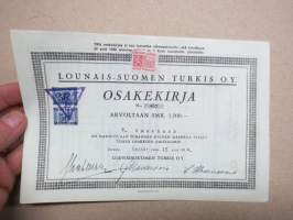 Lounais-Suomen Turkis Oy, Turku, 1 osake 1 000 mk, nr 487, 15.2.1944, S. Hasenson -osakekirja -share certificate