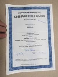 Naantalin Vapaavarasto Oy, Naantali 14.4.1982, 1 osake á 5 000 mk, nr 188 Naantalin kaupunki -osakekirja / share certificate
