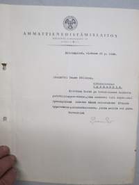 Ammattienedistämislaitos, 23.8.1929, kiitoskirje allekirjoitus Paavo Pero -asiakirja / dokumentti