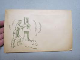 Jermu -kirjoituspaperilehtiö 1940-luvulta, sota-aikainen pakkaus, jossa kirjekuoret ja arkkeja