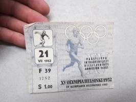 XV Olympia Helsinki 21.7.1952, Stadion, yleisurheilu -pääsylippu, inträdesbiljett, billet d'entré, admission ticket