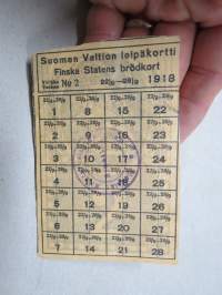 Suomen Valtion leipäkortti 1918 Finska statens brödkort nr 2, leimattu 