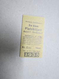 Sveriges Statsbanor, 3:e klass Platsbiljett Malmö C - Stockholm C, 1938, Kr. 0,50 -matkalippu, Ruotsin Valtoinrautatiet