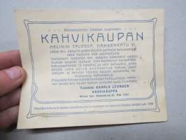 Kaarlo Leander Kahvikauppa avattu Helinin talossa, Hämeenkatu, Tampere -mainoskortti noin 1910-luvulta
