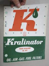 Kralinator Oil - Air - Gas - Fuel Filters Trade Catalogue No. K7C - Koivunen Oy edustuksessa ja myynnissä ollut kanadalainen suodatinmerkki -tuoteluettelo