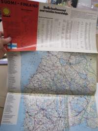 Shell Suomi-Finland Matkailukartta, arviolta 1970-lun kartta, sisältää asemat (n 500 kpl) ja niiden liikkeenharjoittajat nimitietoineen, osoitteineen ja palveluineen