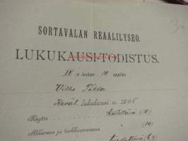 Sortavalan Reaalilyseo, lukukausi-todistus Vilho Tikka 1905