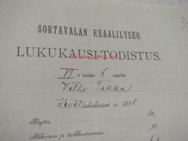 Sortavalan Reaalilyseo, lukukausi-todistus Vilho Tikka 1908