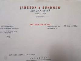 Jansson & Jansson Advokatbyrå, Helsingfors 28. maj 1921 -asiakirja