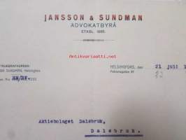 Jansson & Jansson Advokatbyrå, Helsingfors 21. juli 1921 -asiakirja