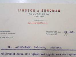 Jansson & Jansson Advokatbyrå, Helsingfors 21. juli 1921 -asiakirja