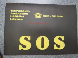 SOS -rallikilpailujen opaskyltti 1970-luvulta, kartonkia