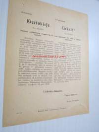 Kiertokirje virkamiehille nr 92/2079 Suomen Valtionrautatiet Ilmajoen sotilasraiteen avaamisesta liikenteelle 1919