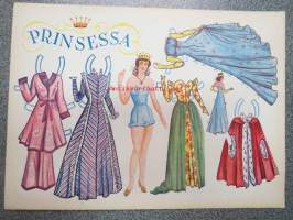Prinsessa -kartongille painettu paperinukke vaatteineen, 1940 / -50-lukujen vaihteesta?