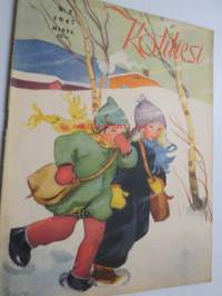 Kotiliesi 1947 nr 3 (kansi Martta Wendelin), miten sijaat hetekasi, yhdessäkin huoneessa voi asua kodikkaasti, luonto koristaa maljakon talvellakin, hiha kysyy