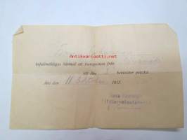 Frans Johansson befullmäktigas härmed att transportera från Kärsämäki till Åbo 3 hektoliter potatis. 11. oktober 1917. Turun Kaupungin Elintarvelautakunta