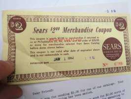 Seas 2.00 Dollar Merchandise Coupon 1962 -etukuponki postimyyntiluetteloasiakkaille, lähetetty Suomeen