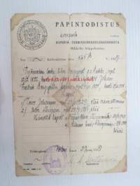 Papintodistus korvausta varten Viipurin Tuomiokirkkoseurakunnasta v. 1947, Helsinki 23.2.1947, työmiehen leski Elin Bergqvist, allekirjoitus K.A. Santavuori