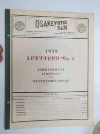 Osakeyhtiö S & N 1939 luettelo nr 5 Jarruhihnat, kytkinpinnat sekä nestejarruosat -varaosaluettelo