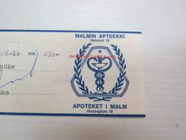 Malmin Apteekki - Apoteket i Malm, Helsinki, 12.11.1968 -apteekkisignatuuri, reseptiliuska