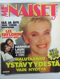 Me Naiset 1986 nr 47, sis. mm. seur. artikkelit / kuvat / mainokset; Hannele Lauri komedienne ja tosikko, Rika Zarai menestyskirjailija, Liz Taylorin paras ystävä