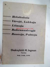 Heloituksia, värejä, lakkoja, liimoja, rakennuslevyjä, ruuveja, pultteja - Tuotekuvasto nr 25 Osakeyhtiö M. Ingman -tuoteluettelo