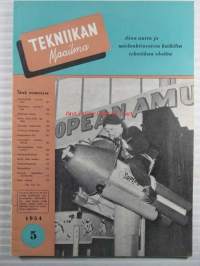 Tekniikan Maailma 1954 nr 5, sis. mm. seur. artikkelit / kuvat / mainokset; Kansikuvassa Frankfurtin messu-uutuus sähköraketti,