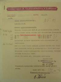 H. Saastamoinen Oy. Limited, Kuopio 15.2. 1946 - asiakirja