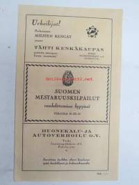 Suomenmestaruuskilpailut vauhdittomissa hypyissä Turussa 16.II.1930 -ohjelma / osanottajaluettelo