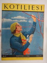 Kotiliesi 1935 nr 8 huhtikuu II, Käsityö -liite mukana ( ryijy-aihettta). Kansikuva Martta Wendelin (tyttö ja pajunkissat) Puijo tulitikut, Partolan Kenkätehdas