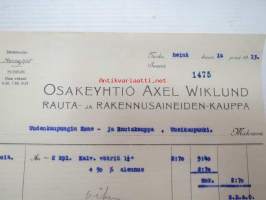 Oy Axel Wiklund, Turku / Uudenkaupungin Kone- ja Rautakauppa, Uusikaupunki, 14.7.1913 -asiakirja