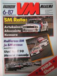 Vauhdin maailma 1987 nr 6, sis. mm. seur. artikkelit / kuvat / mainokset; mm.  FHRA American Car show, Formula-4 venevertailu, Ralli-MM Korsika, EM-rallicross