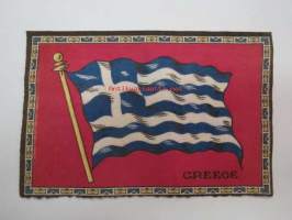 Sikarilippu Greece (Cigarr flag) -sikarilaatikossa kylkiäisenä tullut keräilyliina, ollut laatikon pohjalla sikarien alla, arviolta 1920-30 lukujen vaihteesta