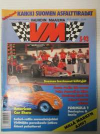 Vauhdin maailma 1993 nr 5 -mm. Formula 1 Donington ja Imola, Filmitähtien unelma-autot, Ralli-MM Safari, Mustang mach III, American Car Show, Drag riemukupla, Opel