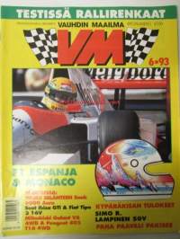 Vauhdin maailma 1993 nr 6 -mm. Formula 1 Espanja ja Monaco, uutta rallitekniikkaa Subaru Skoda Rellu Audi, Suomalainen ruisku, VM rengastesti, Ralli SM pohjanmaa,