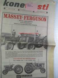 Koneviesti 1966 nr 5 -mm. Automaattinen leikkuukorkeuden säätö Massey Ferguson 510 esittely, Pylväiden pystytys traktorikaivureilla, Moottorisahojen kokeilua