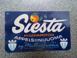 Siesta hiilihapoton appelsiinijuoma, Mallasjuoma Oy, Lahti -juomaetiketti