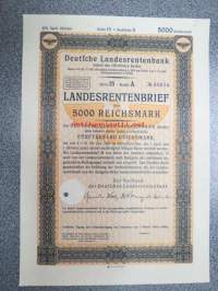 Deutsche Landesrentenbank - Landesrentenbruef 5000 Reichsmark nr 15 A 00614 -korollinen lainapaperi, huomaa Saksan kotka