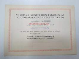 Nordiska Konfektionsfabriken Ab - Pohjoismainen Vaatetehdas Oy, Helsinki 19??, 10 aktier á 1 000 mk = 10 000 mk -osakekirja, blanco, makuleras-leimattu